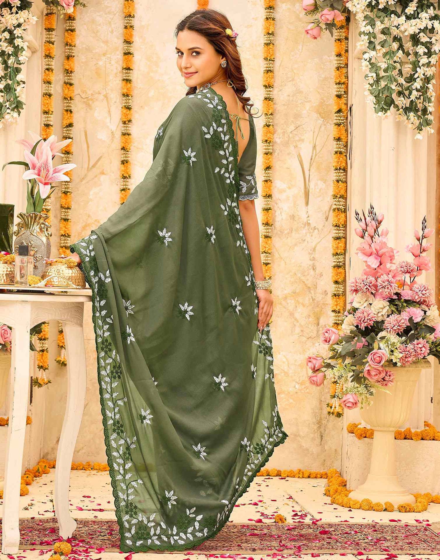 Olive Green Georgette Embroidery Saree