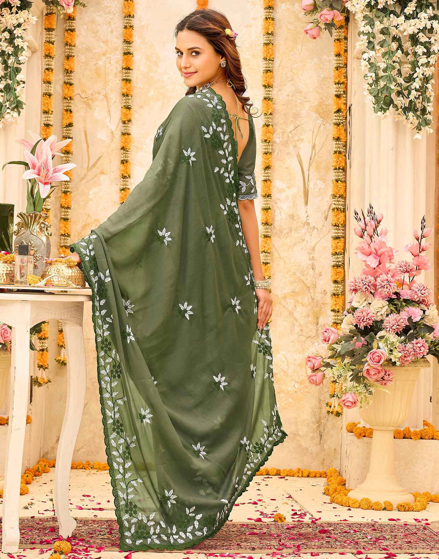 Olive Green Georgette Embroidery Saree