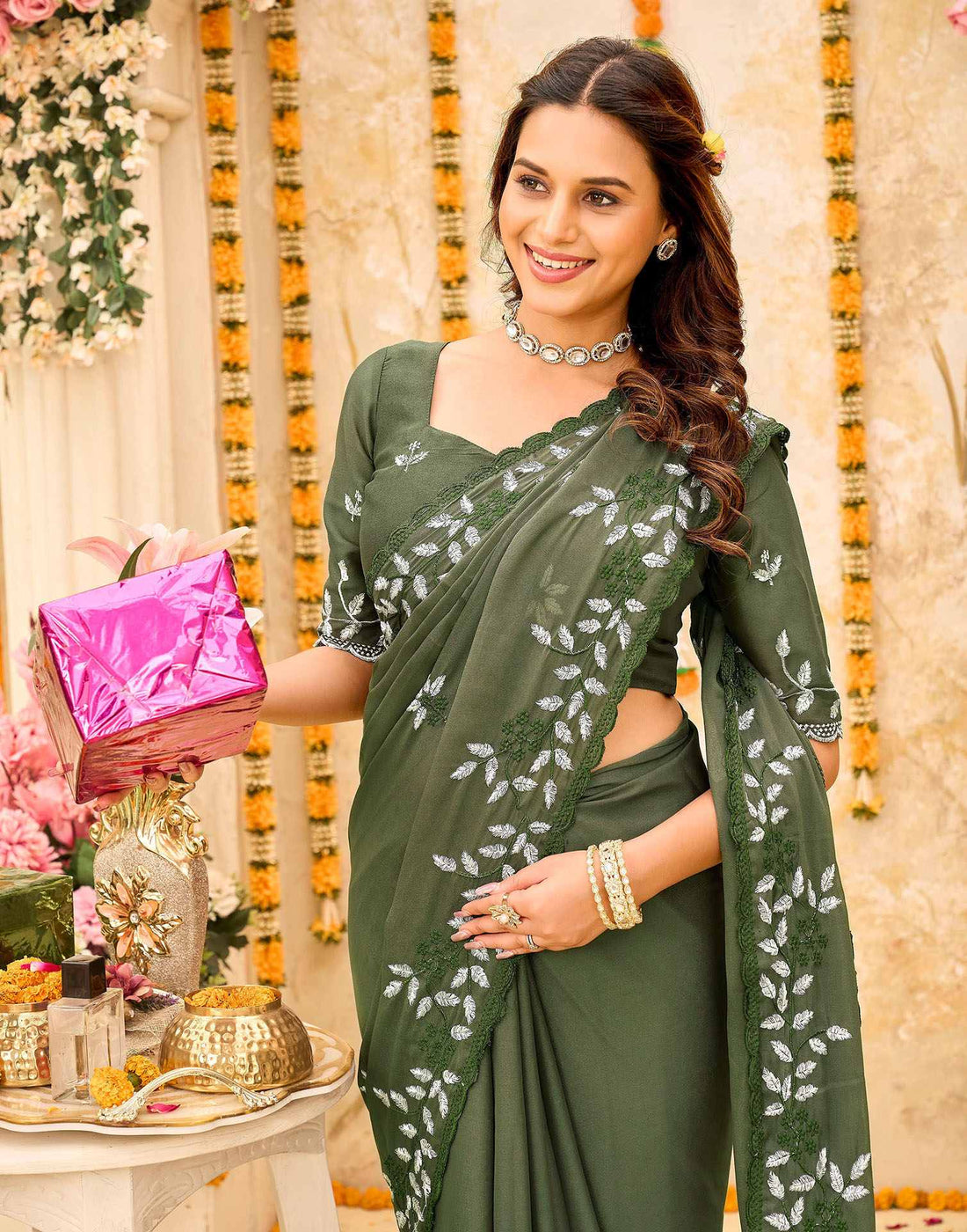 Olive Green Georgette Embroidery Saree