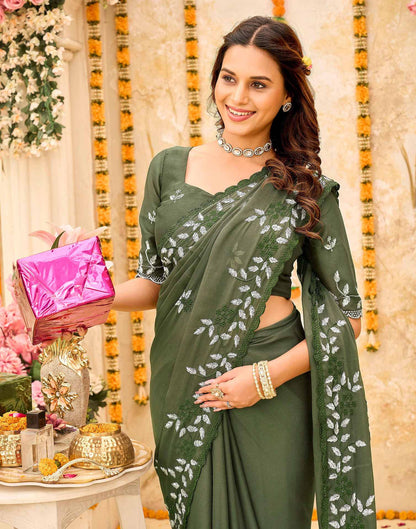 Olive Green Georgette Embroidery Saree