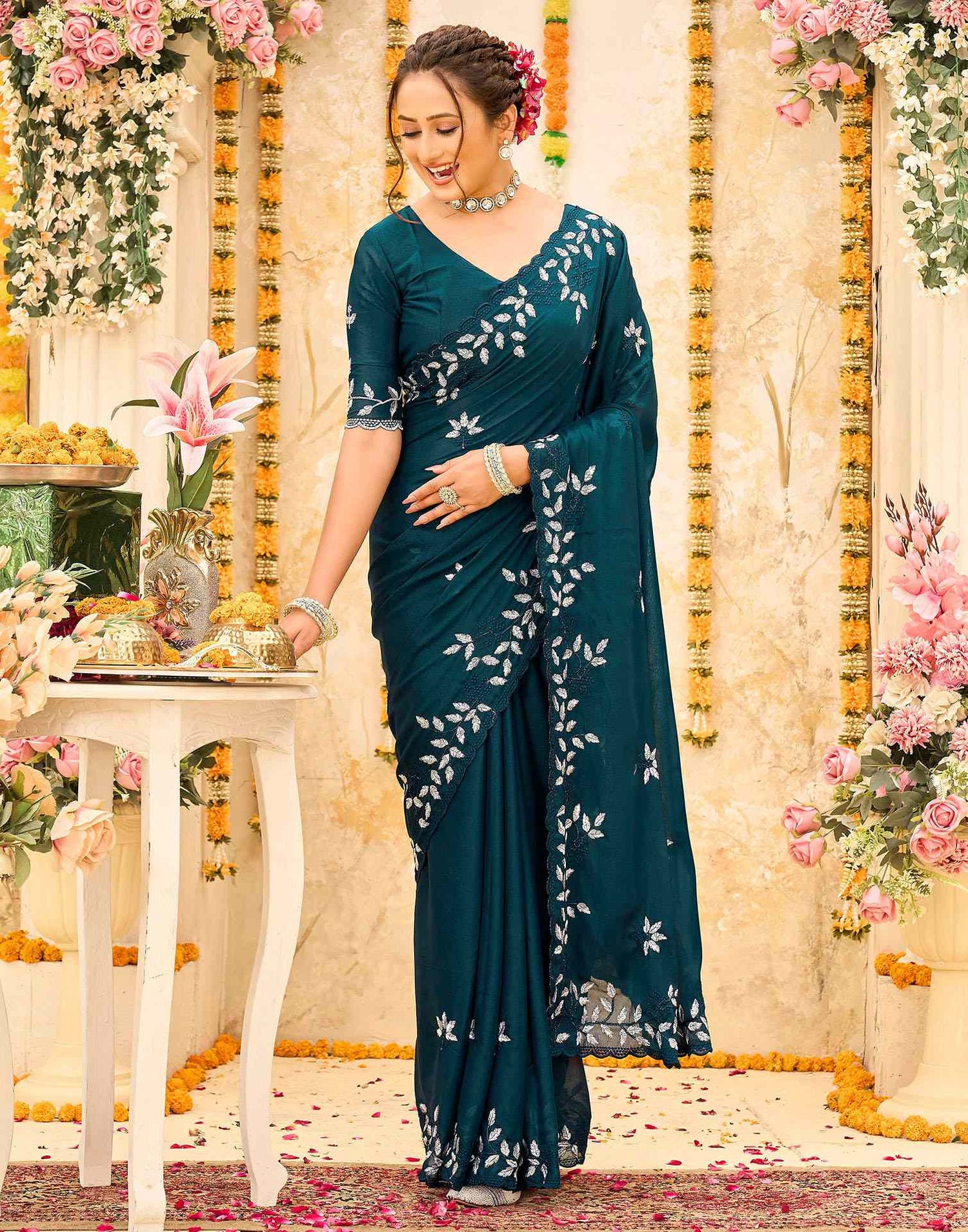 Rama Blue Georgette Embroidery Saree