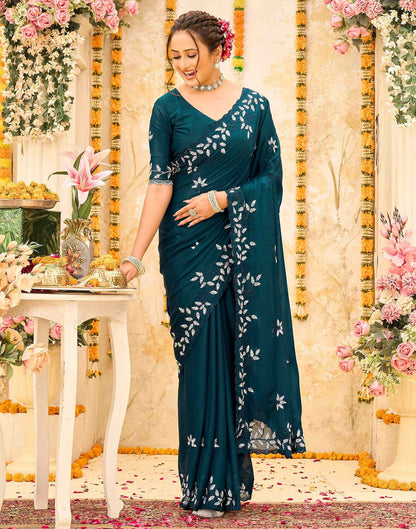 Rama Blue Georgette Embroidery Saree