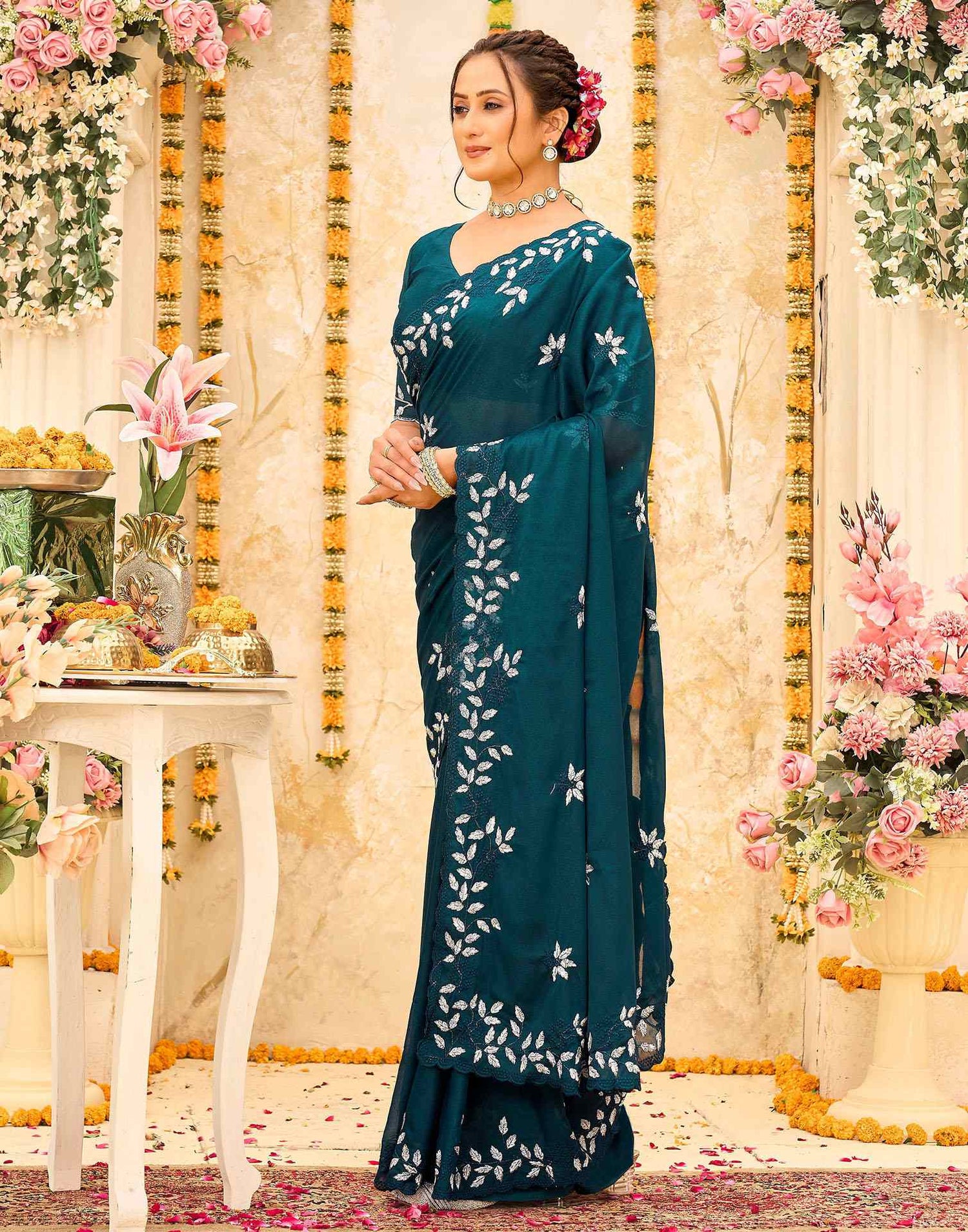 Rama Blue Georgette Embroidery Saree