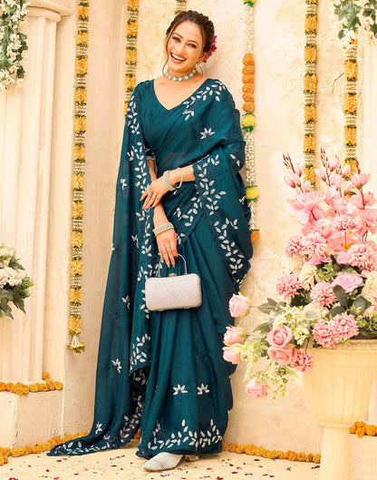 Rama Blue Georgette Embroidery Saree