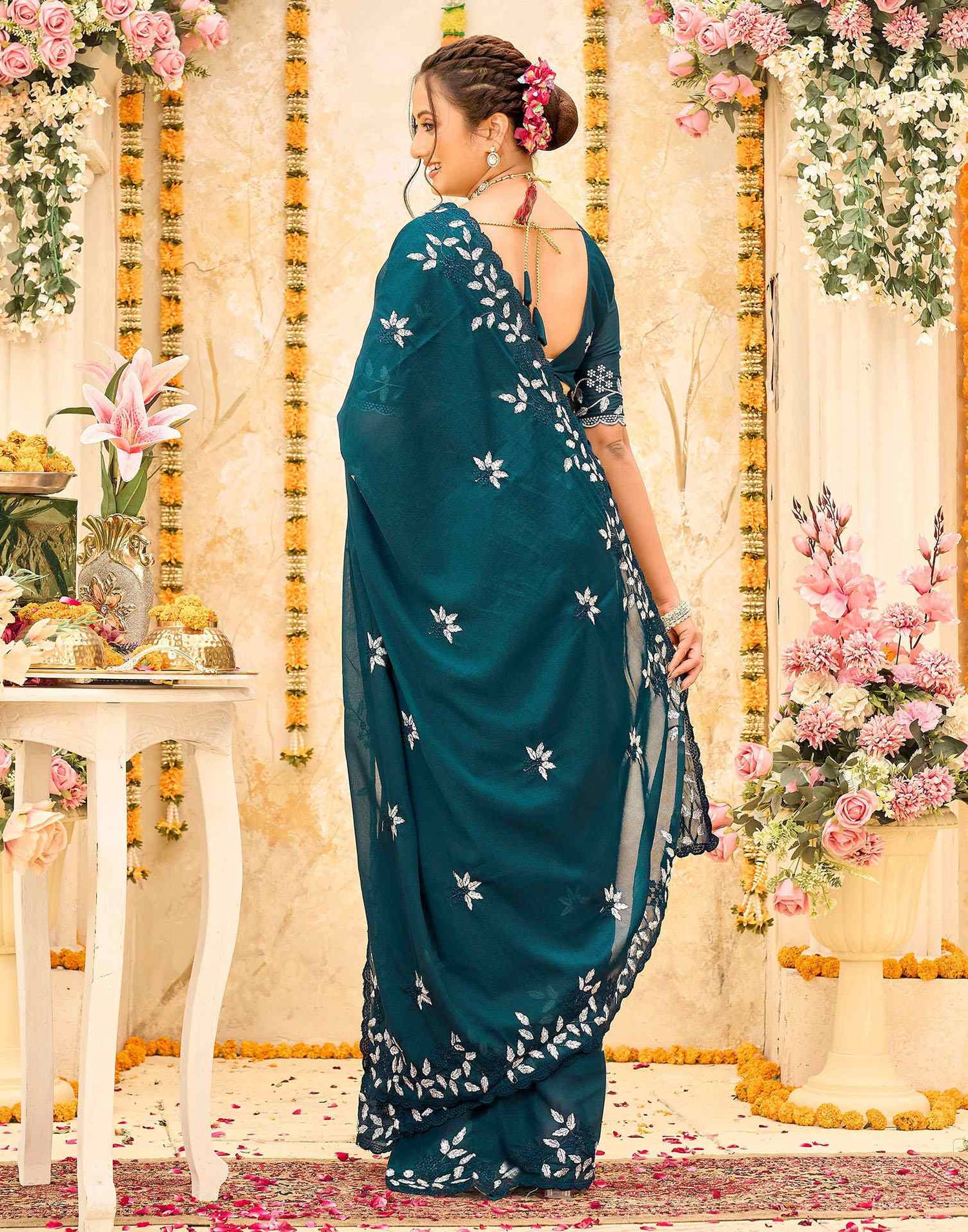 Rama Blue Georgette Embroidery Saree