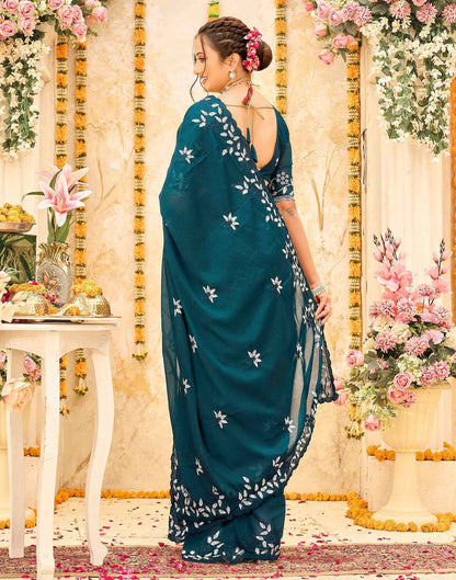 Rama Blue Georgette Embroidery Saree