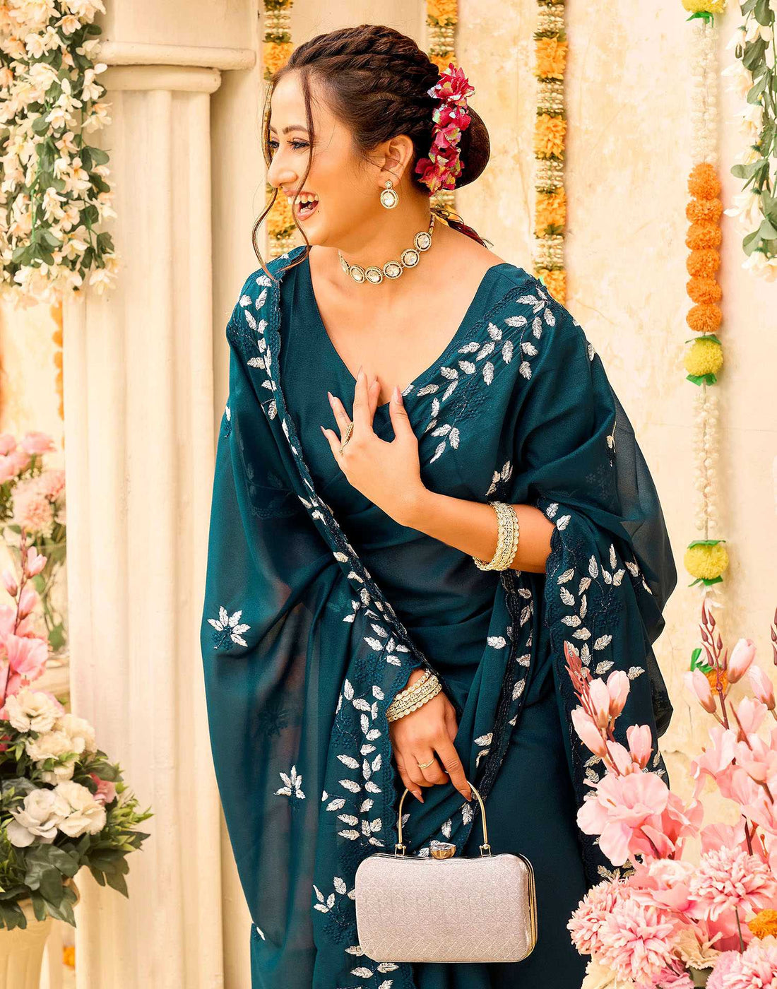 Rama Blue Georgette Embroidery Saree