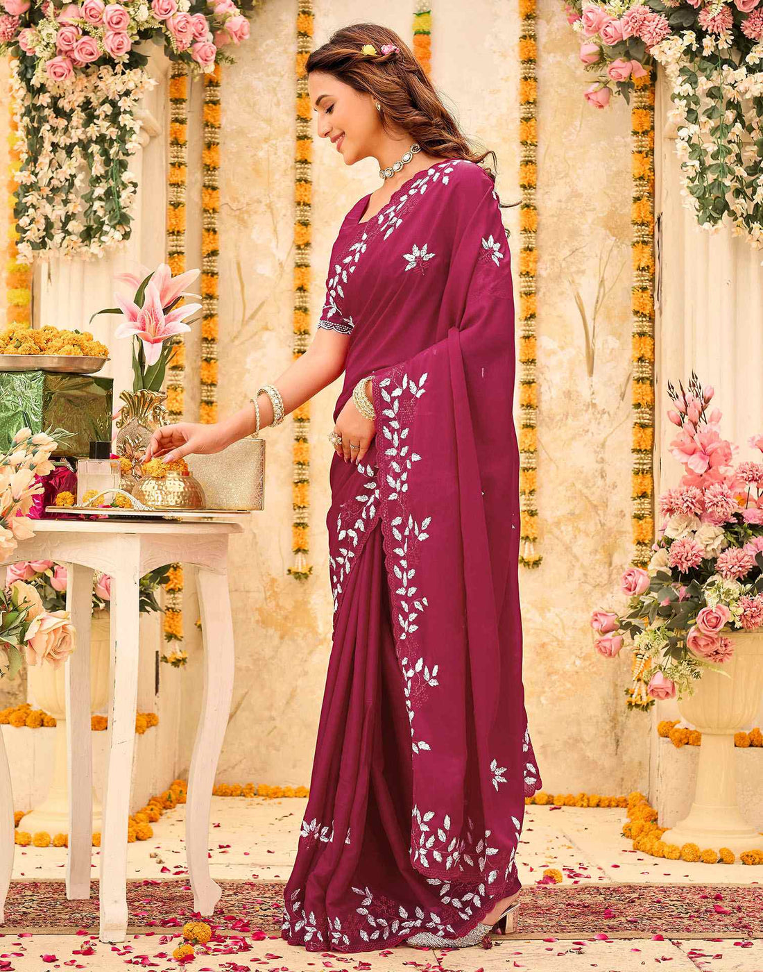 Pink Georgette Embroidery Saree