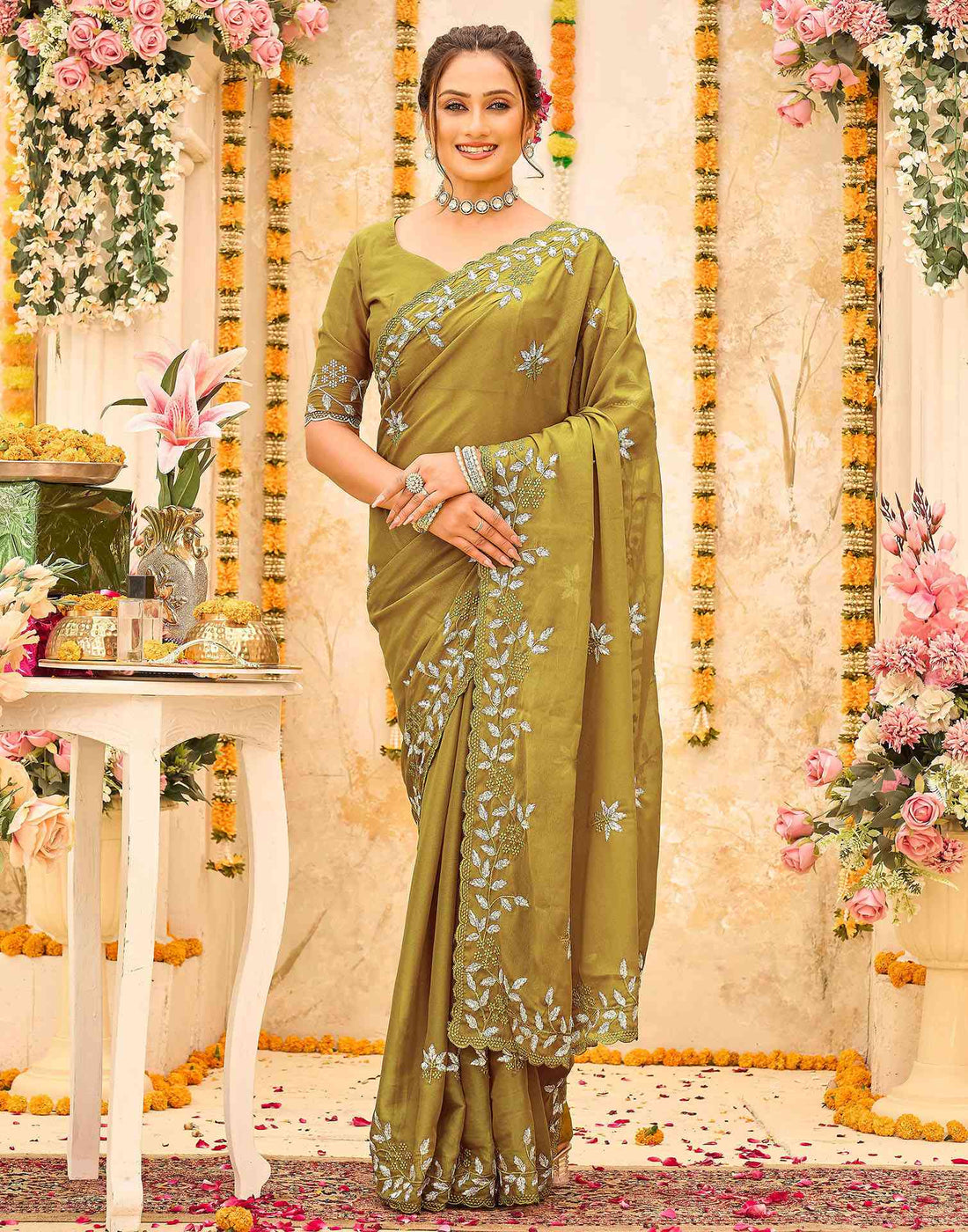 Green Georgette Embroidery Saree