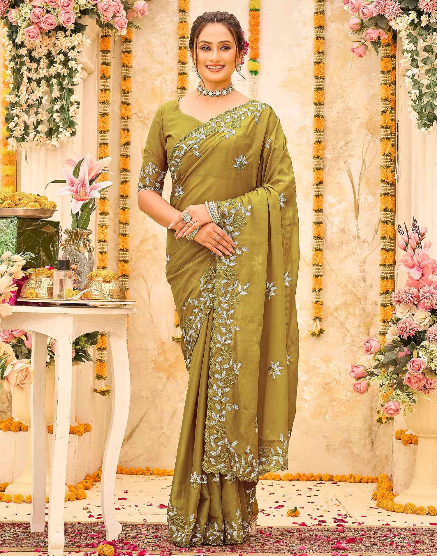 Green Georgette Embroidery Saree