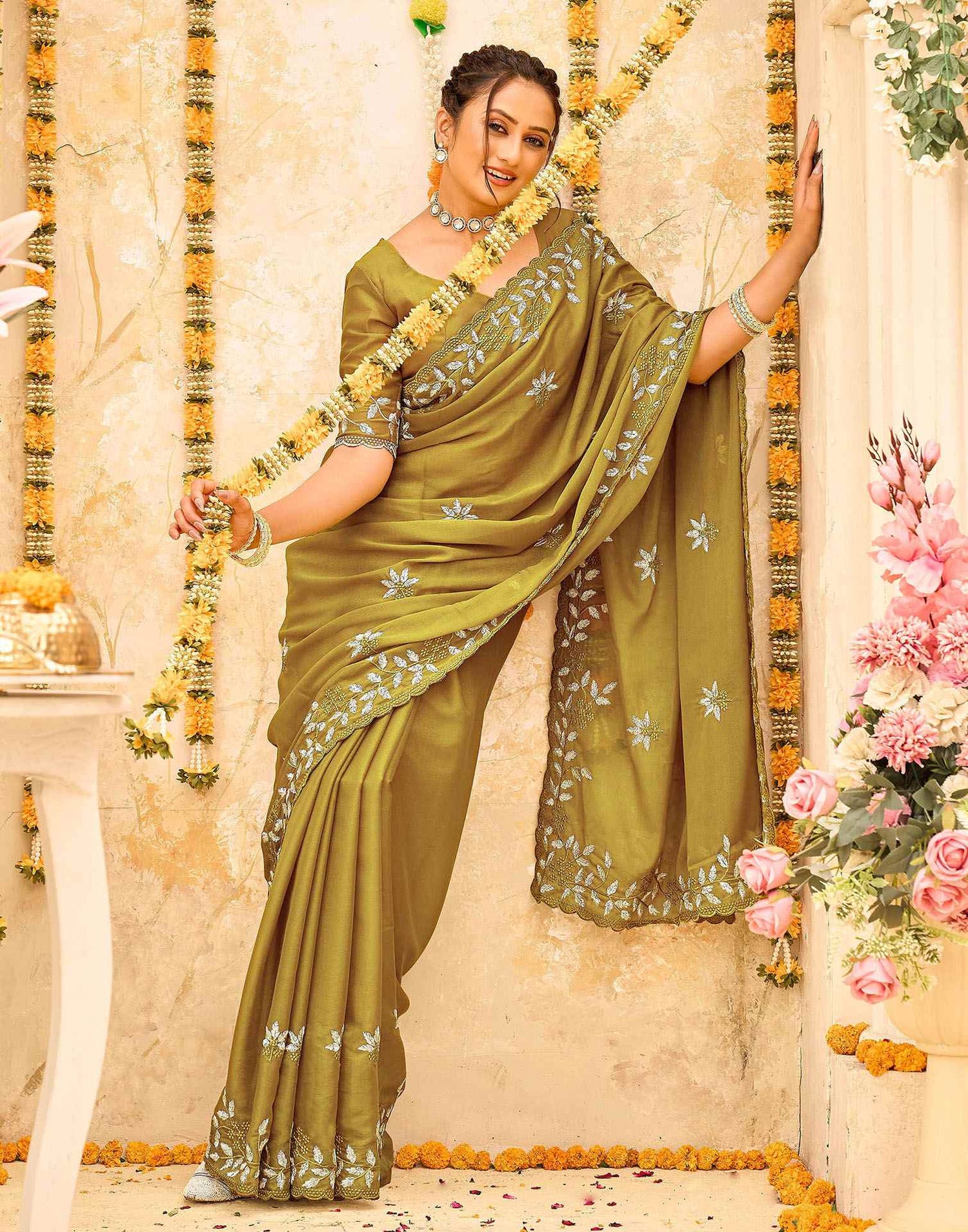 Green Georgette Embroidery Saree