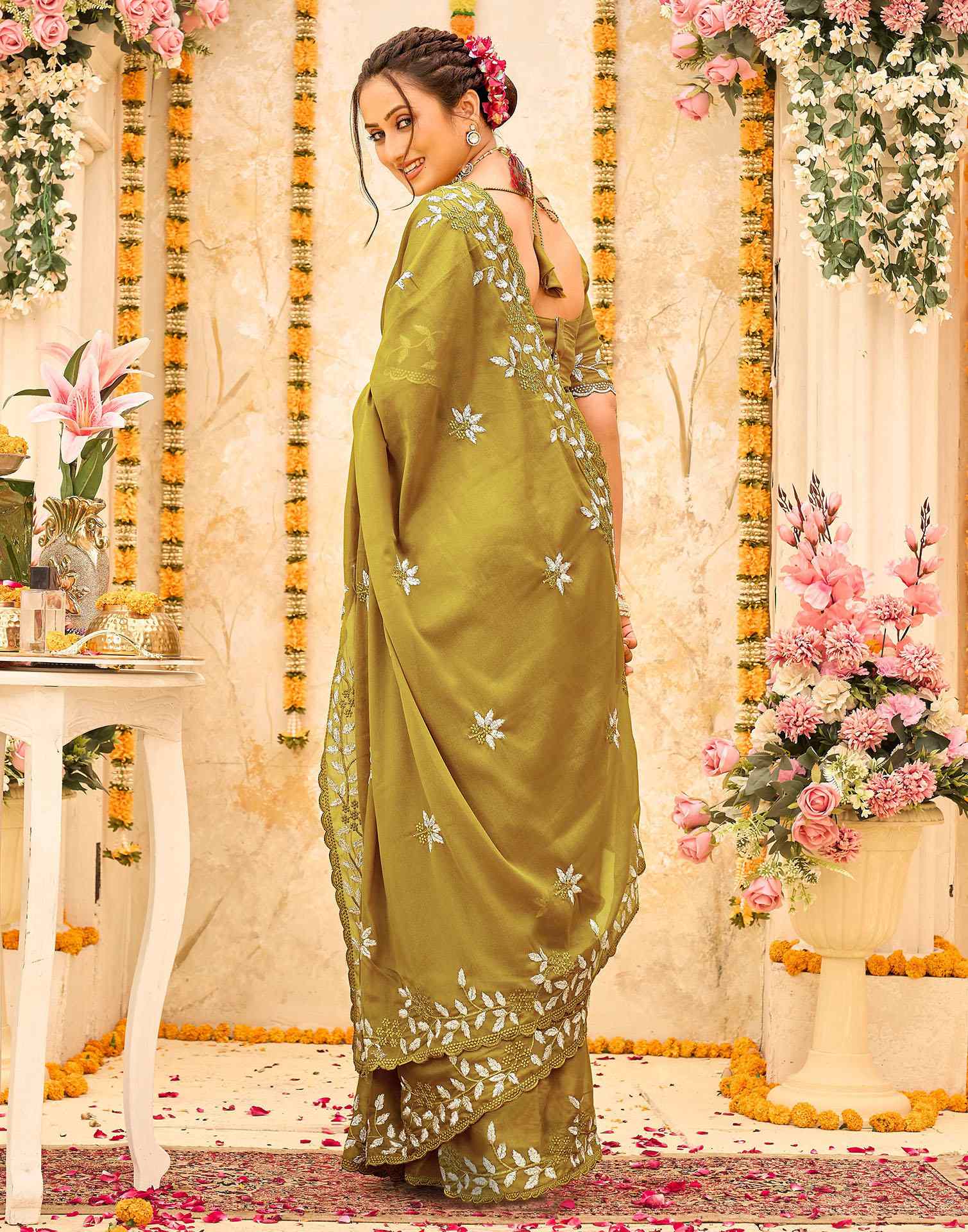 Green Georgette Embroidery Saree