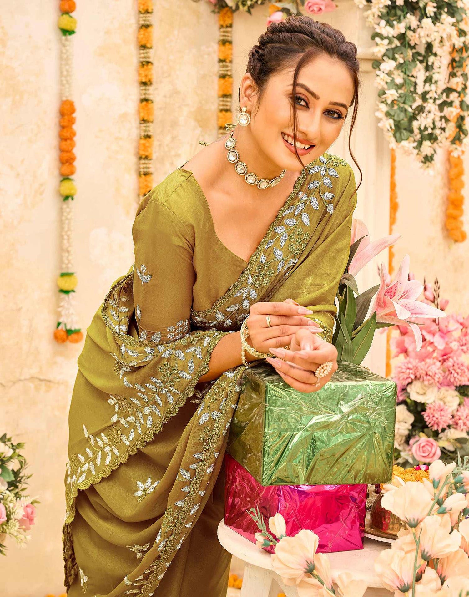 Green Georgette Embroidery Saree