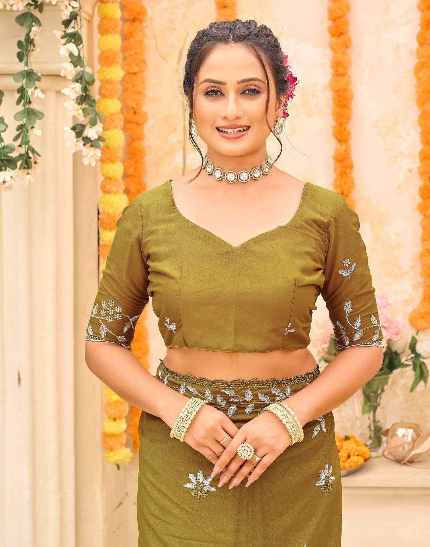 Green Georgette Embroidery Saree