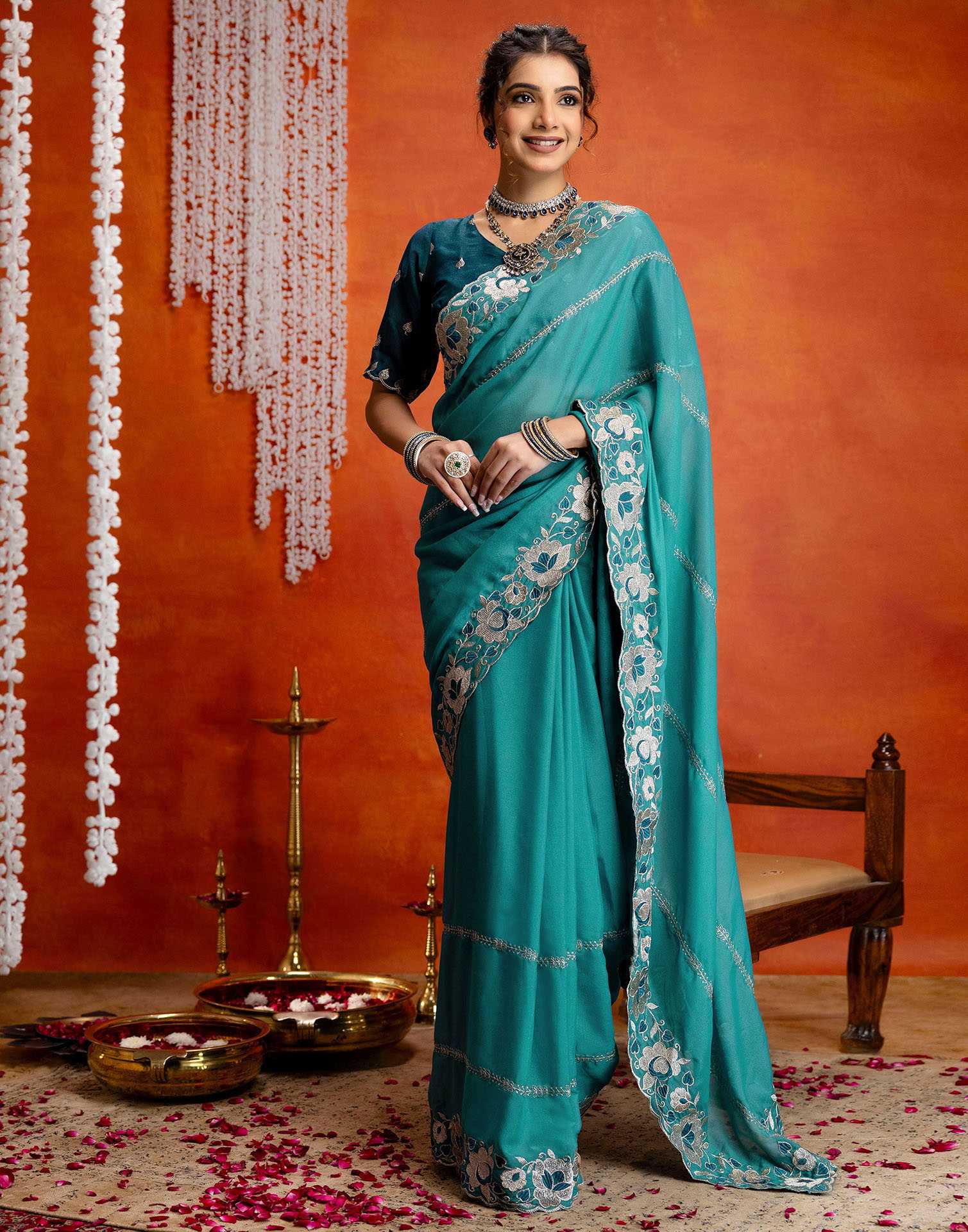 Teal Blue Shimmer Embroidery Saree