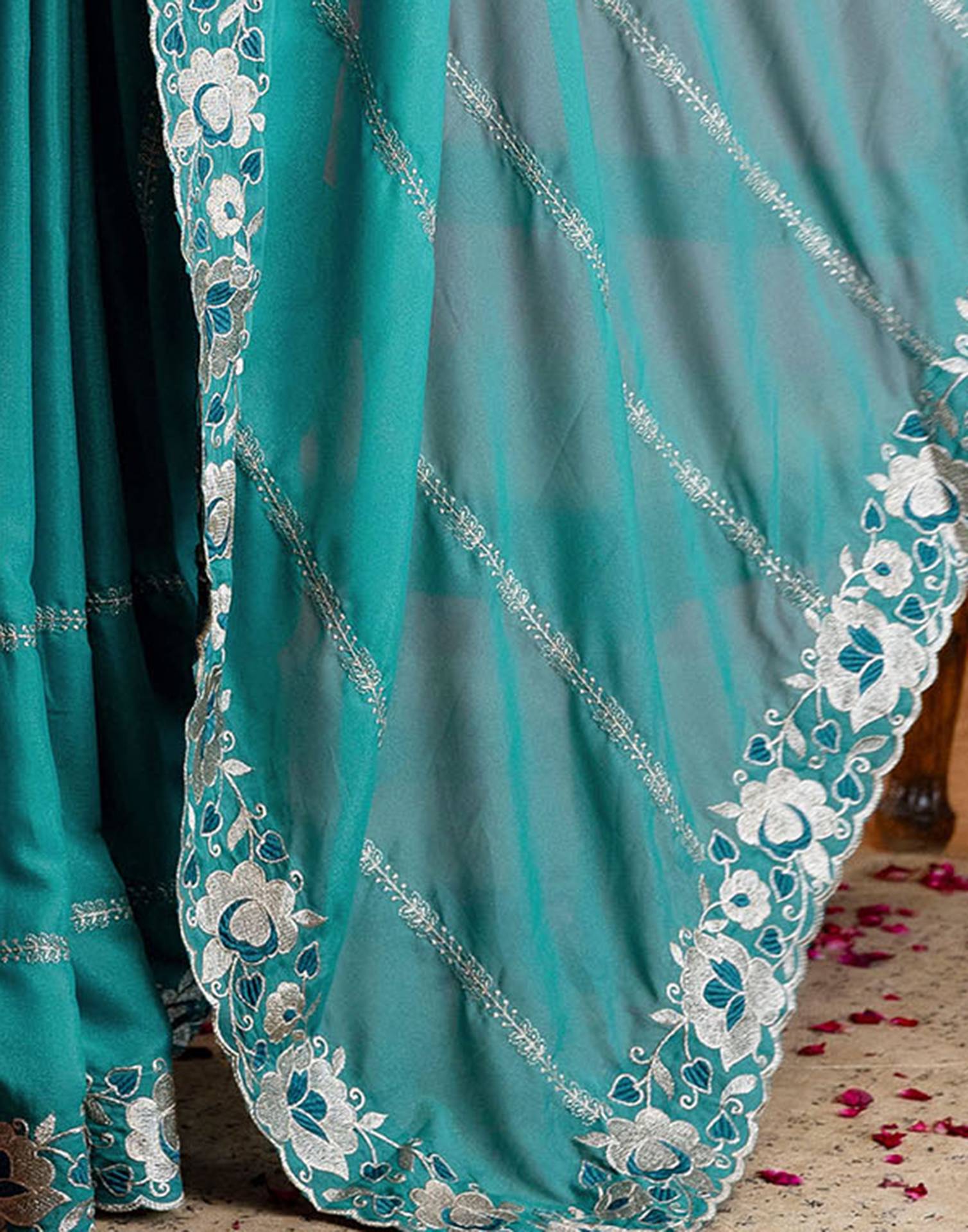 Teal Blue Shimmer Embroidery Saree