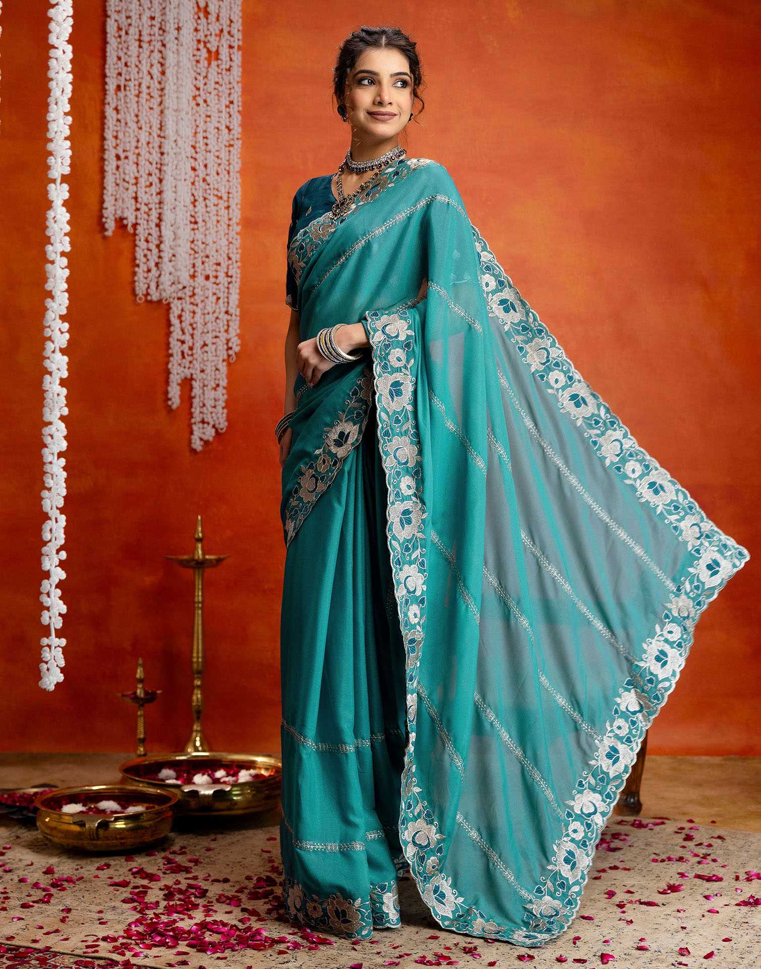 Teal Blue Shimmer Embroidery Saree
