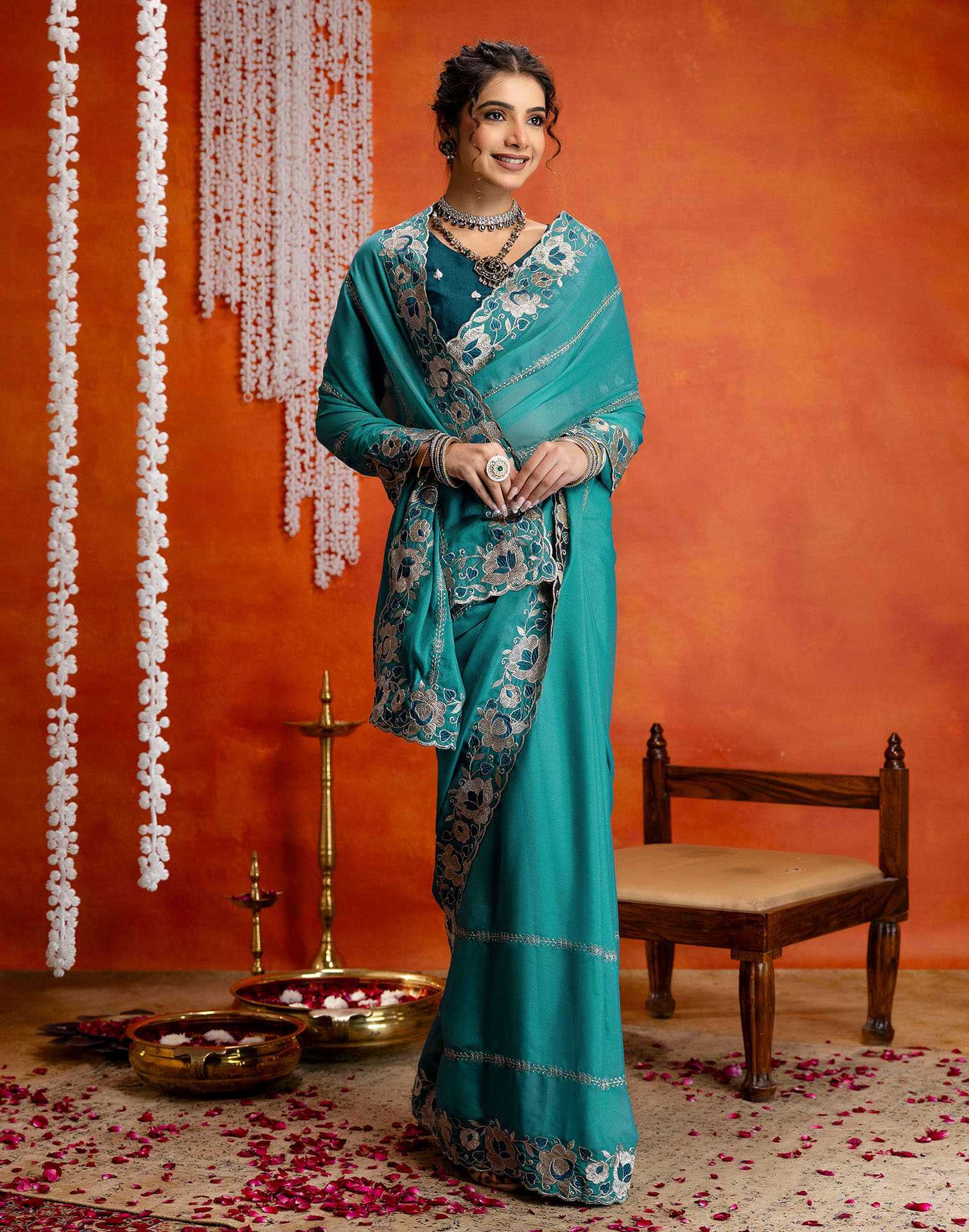 Teal Blue Shimmer Embroidery Saree
