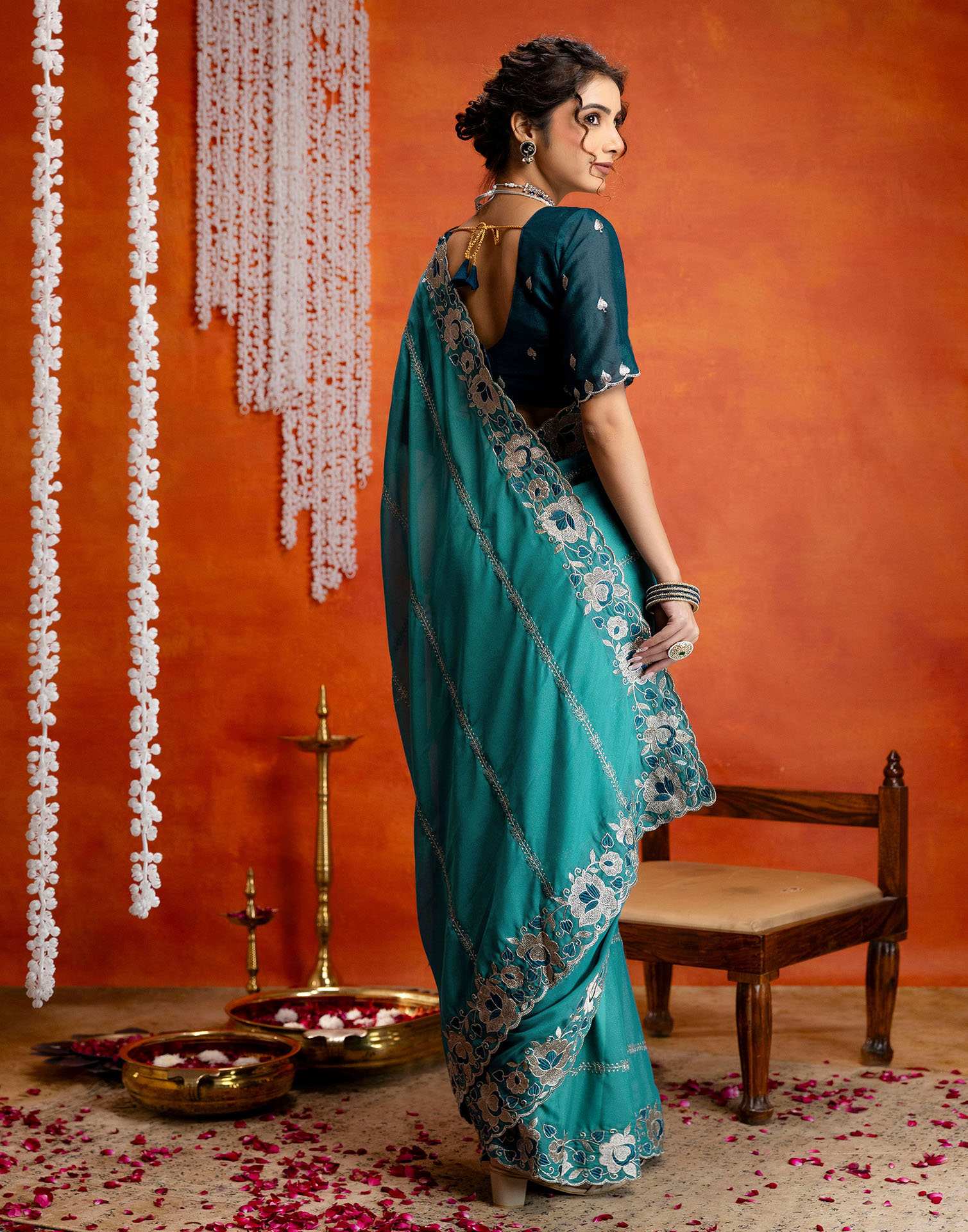 Teal Blue Shimmer Embroidery Saree