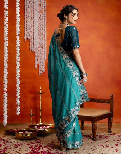 Teal Blue Shimmer Embroidery Saree