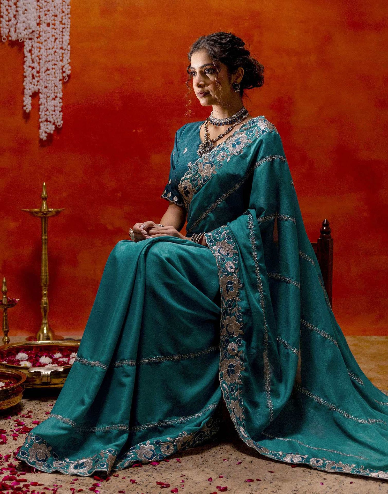 Teal Blue Shimmer Embroidery Saree