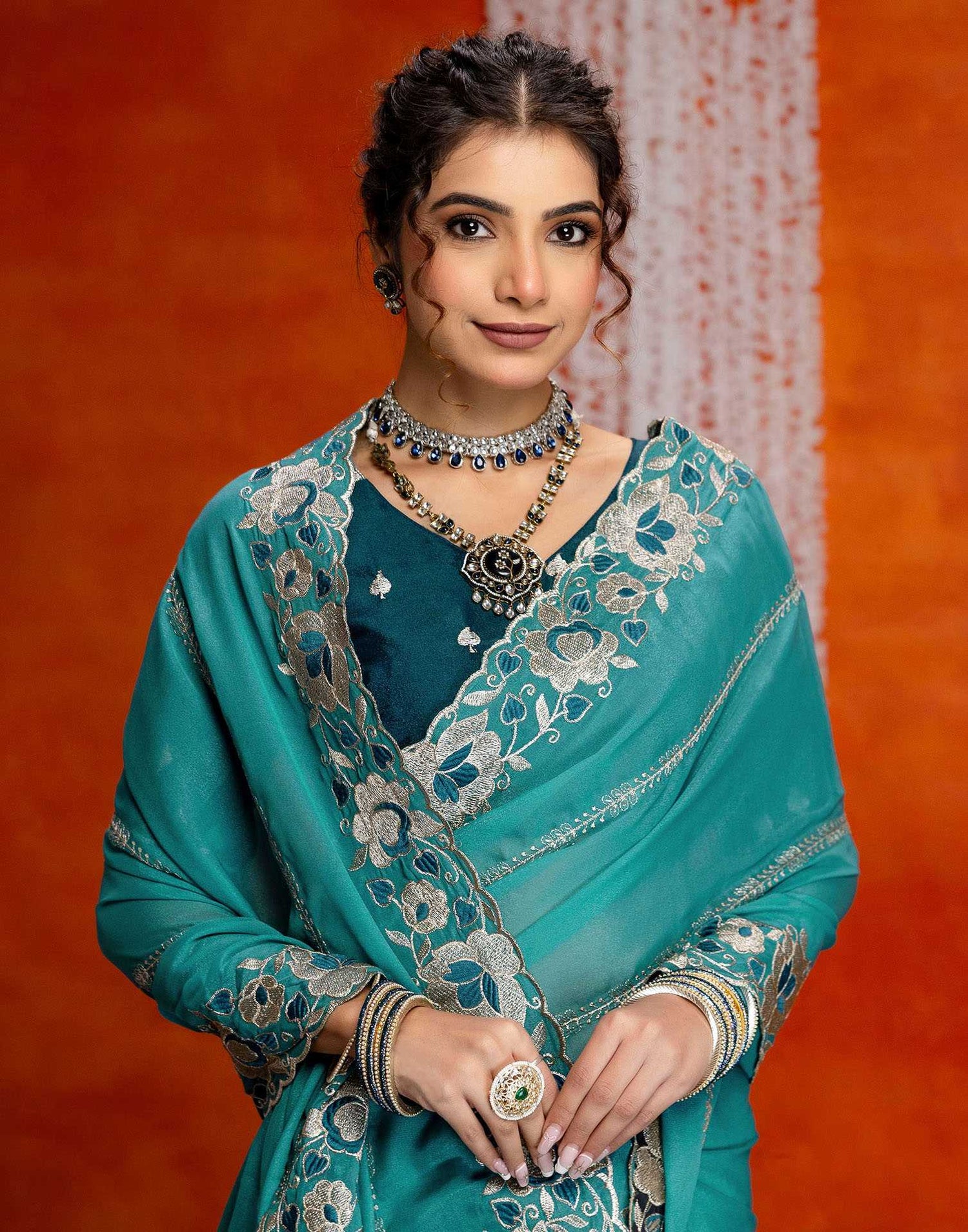Teal Blue Shimmer Embroidery Saree