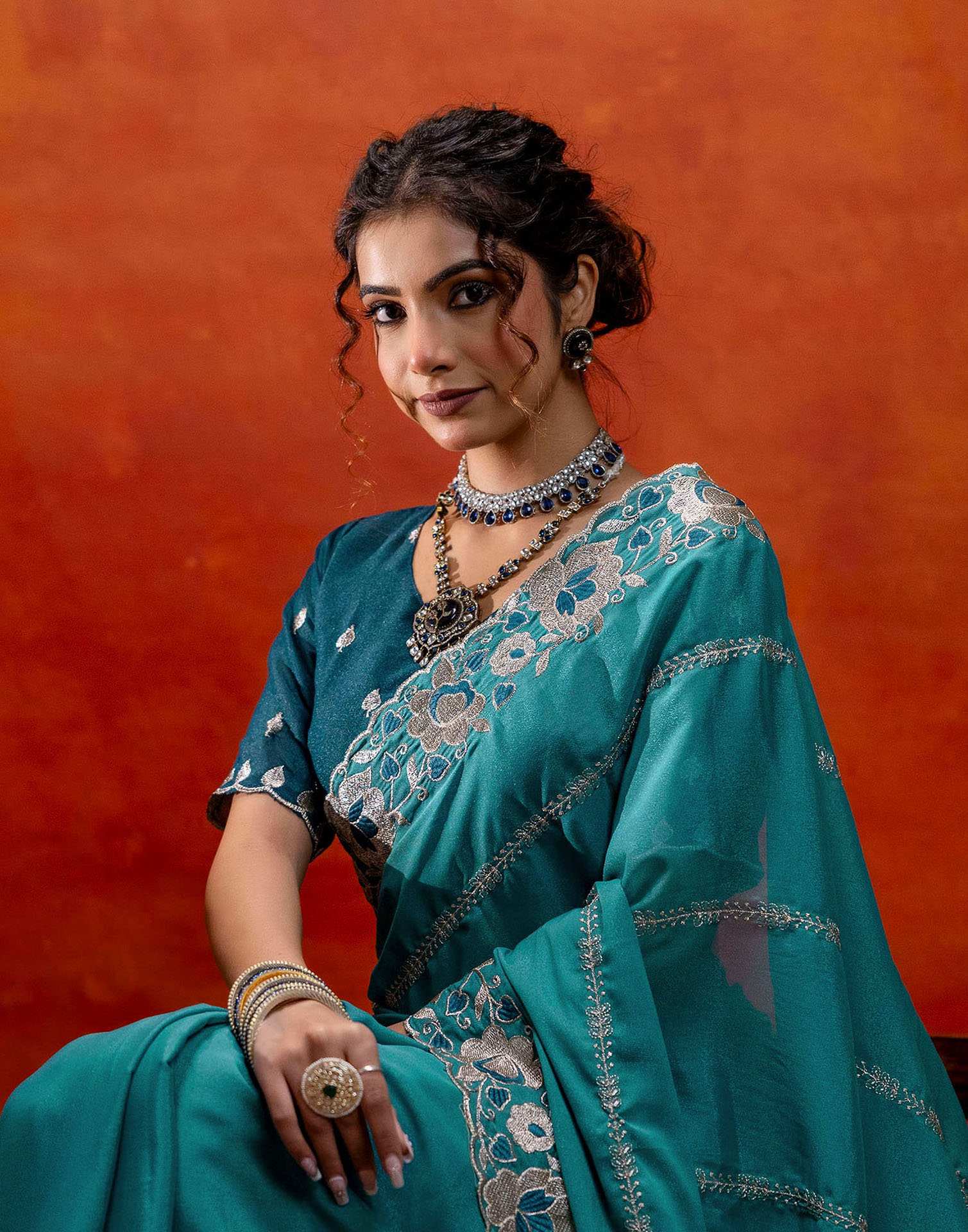 Teal Blue Shimmer Embroidery Saree