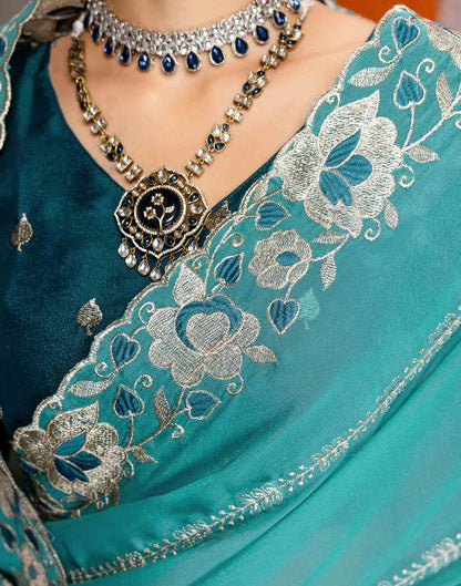 Teal Blue Shimmer Embroidery Saree
