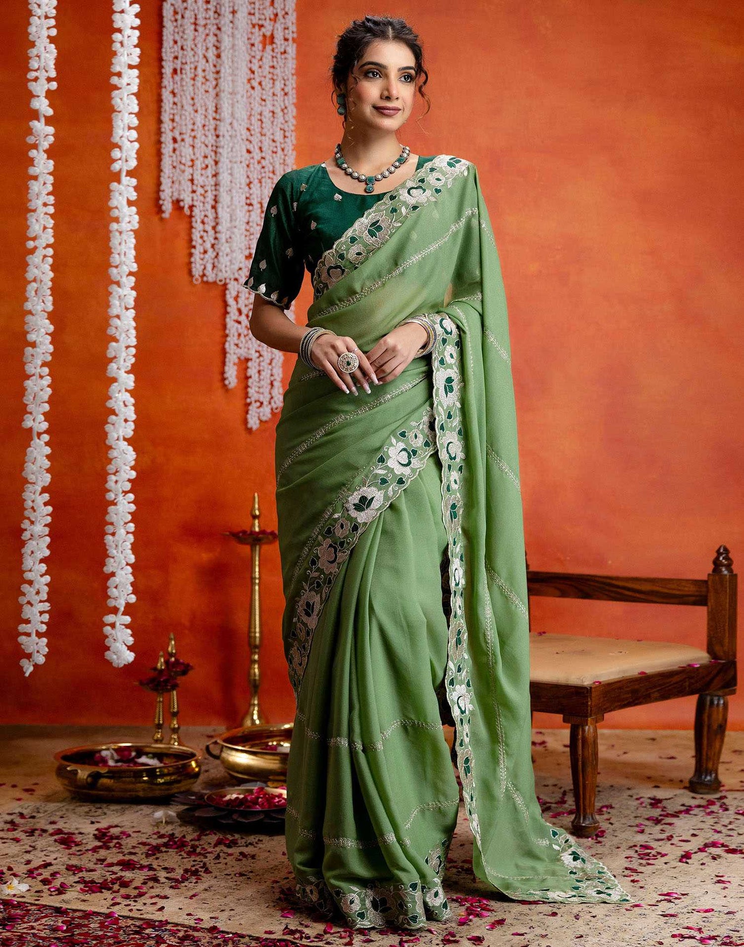 Pista Green Shimmer Embroidery Saree