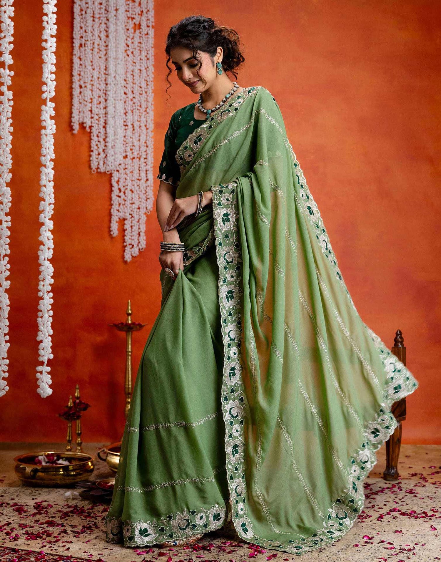 Pista Green Shimmer Embroidery Saree