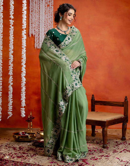 Pista Green Shimmer Embroidery Saree