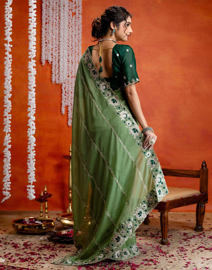Pista Green Shimmer Embroidery Saree