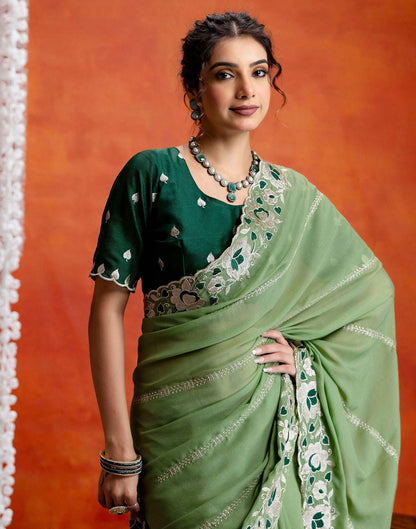 Pista Green Shimmer Embroidery Saree