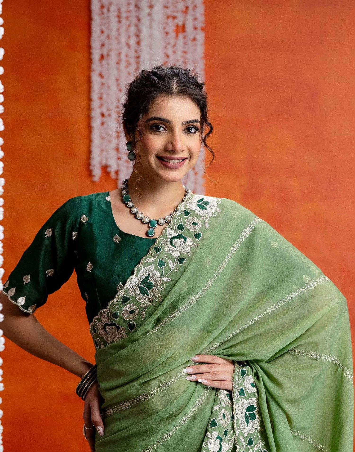 Pista Green Shimmer Embroidery Saree
