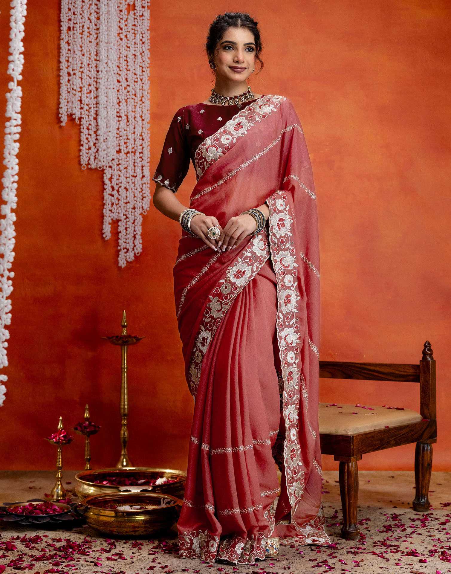 Dusty Rose Pink Shimmer Embroidery Saree