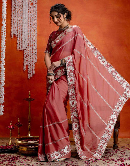 Dusty Rose Pink Shimmer Embroidery Saree