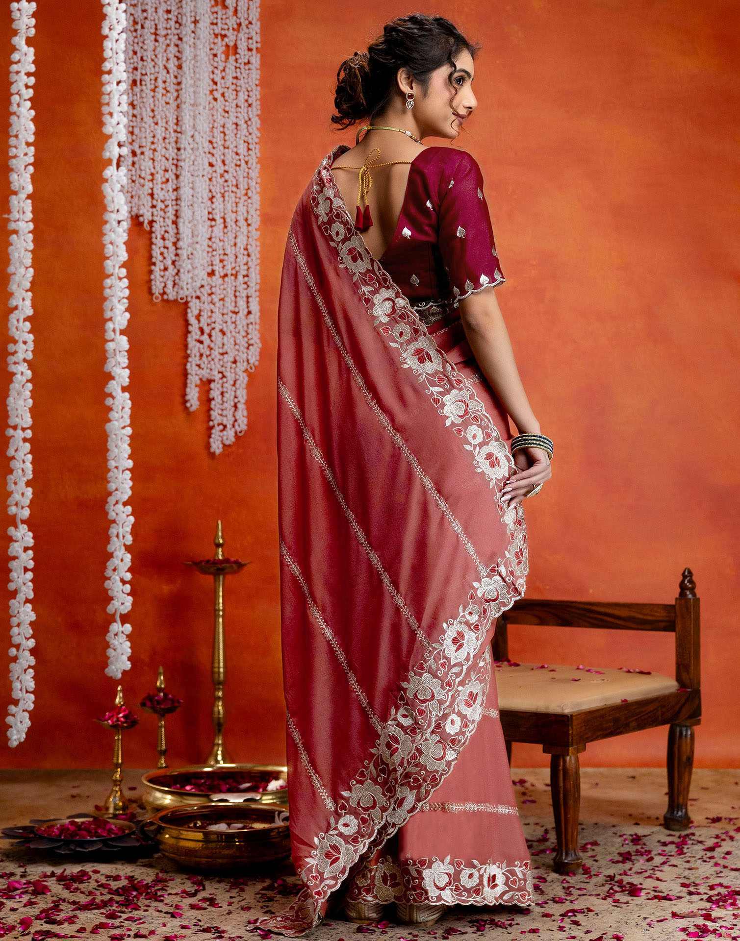 Dusty Rose Pink Shimmer Embroidery Saree