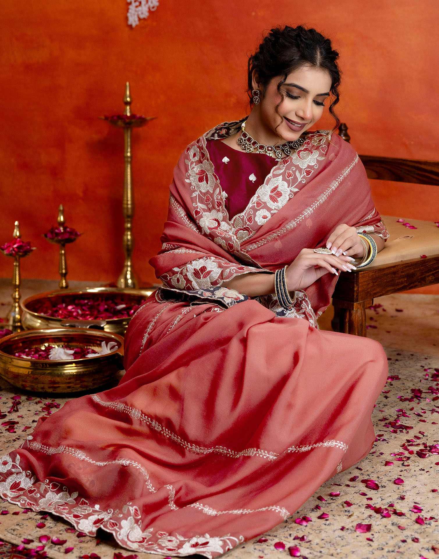 Dusty Rose Pink Shimmer Embroidery Saree