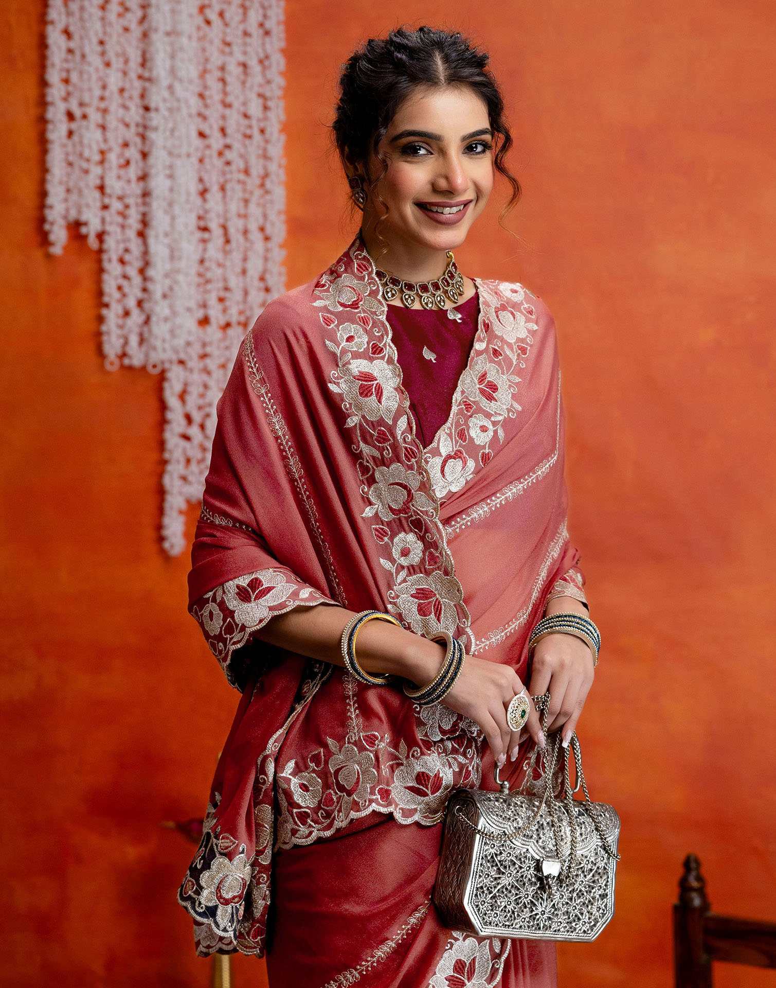 Dusty Rose Pink Shimmer Embroidery Saree
