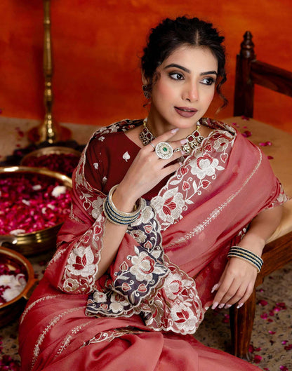 Dusty Rose Pink Shimmer Embroidery Saree