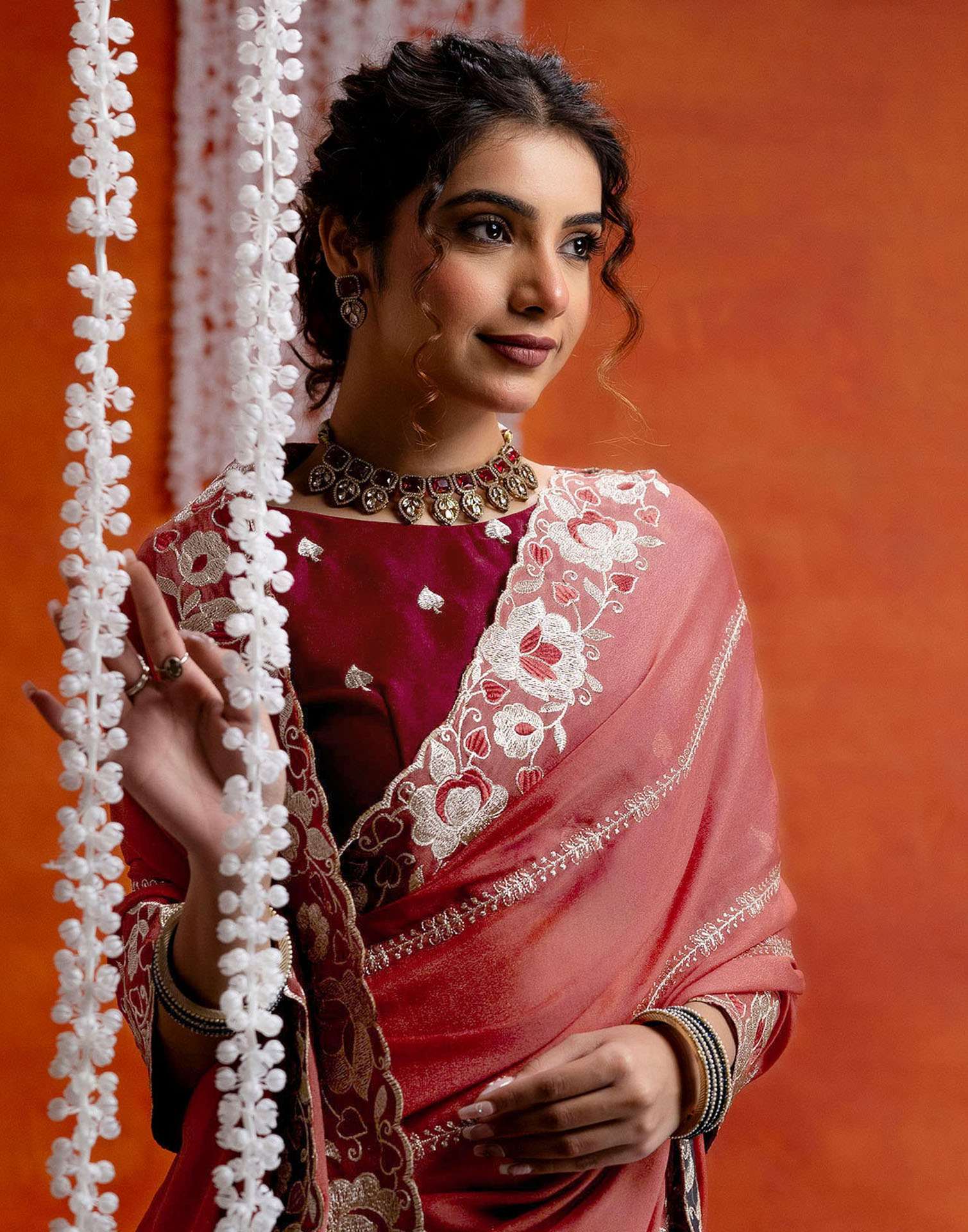Dusty Rose Pink Shimmer Embroidery Saree