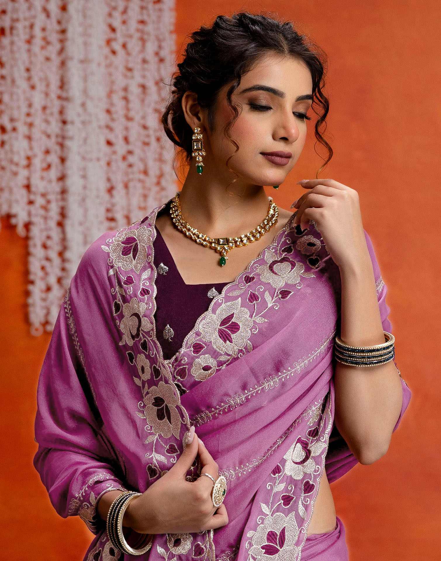 Dark Mauve Shimmer Embroidery Saree
