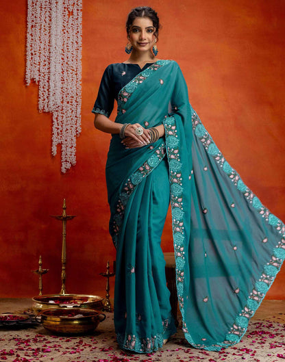 Teal Blue Shimmer Embroidery Saree