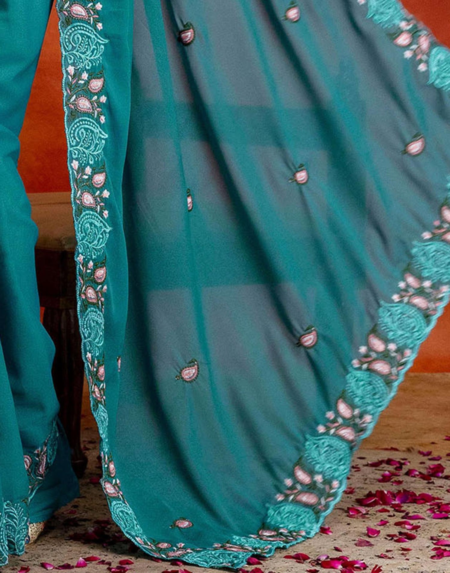 Teal Blue Shimmer Embroidery Saree