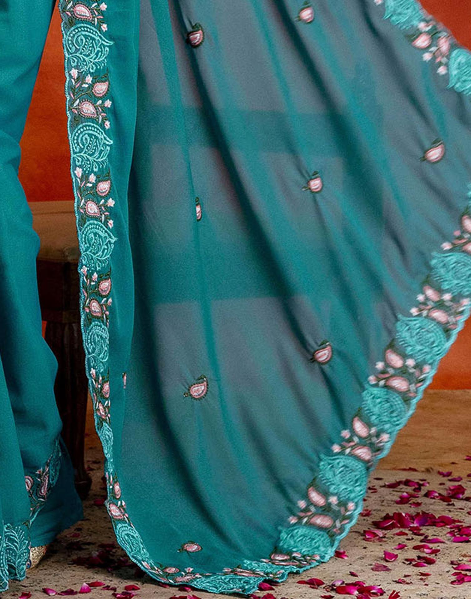 Teal Blue Shimmer Embroidery Saree