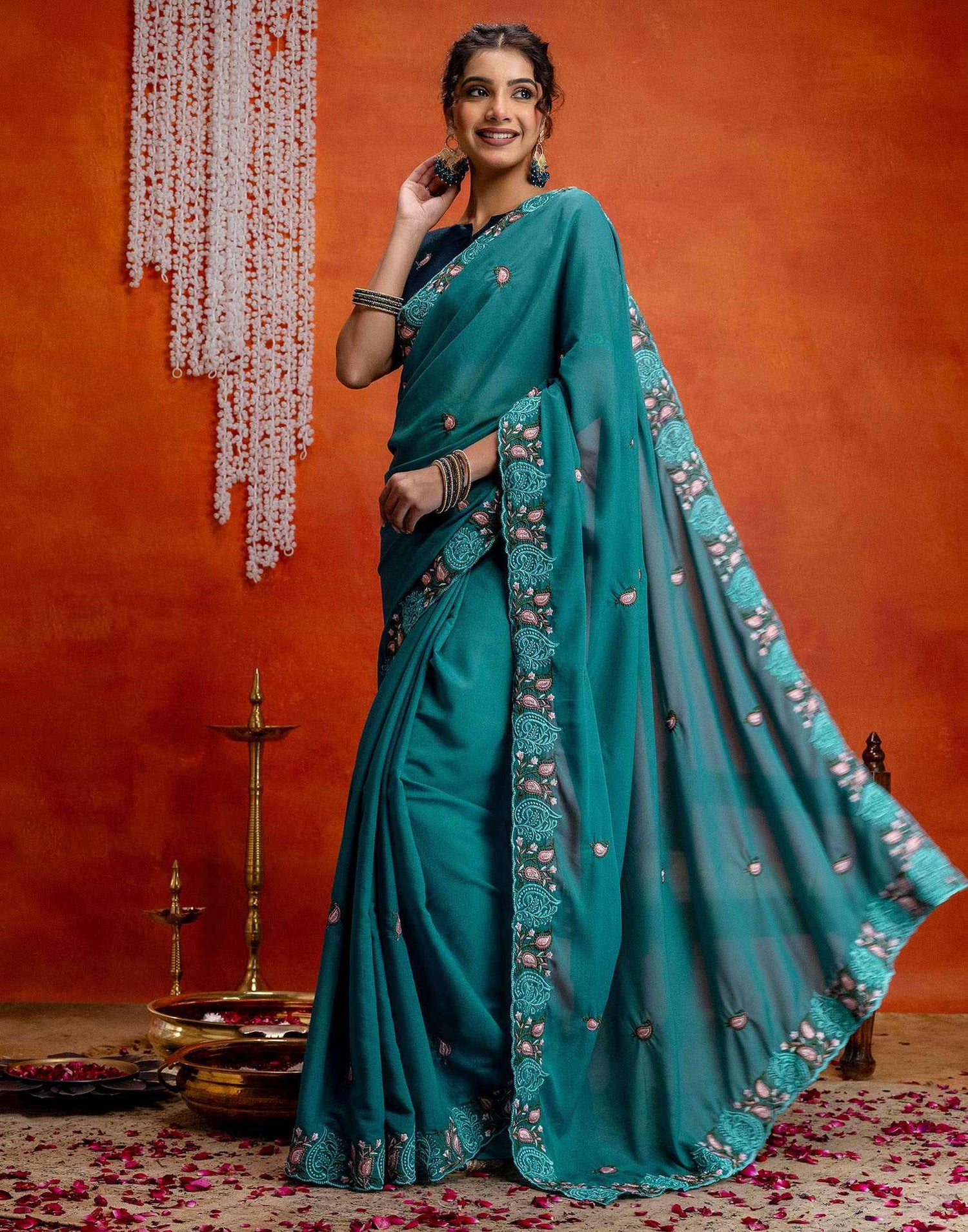 Teal Blue Shimmer Embroidery Saree