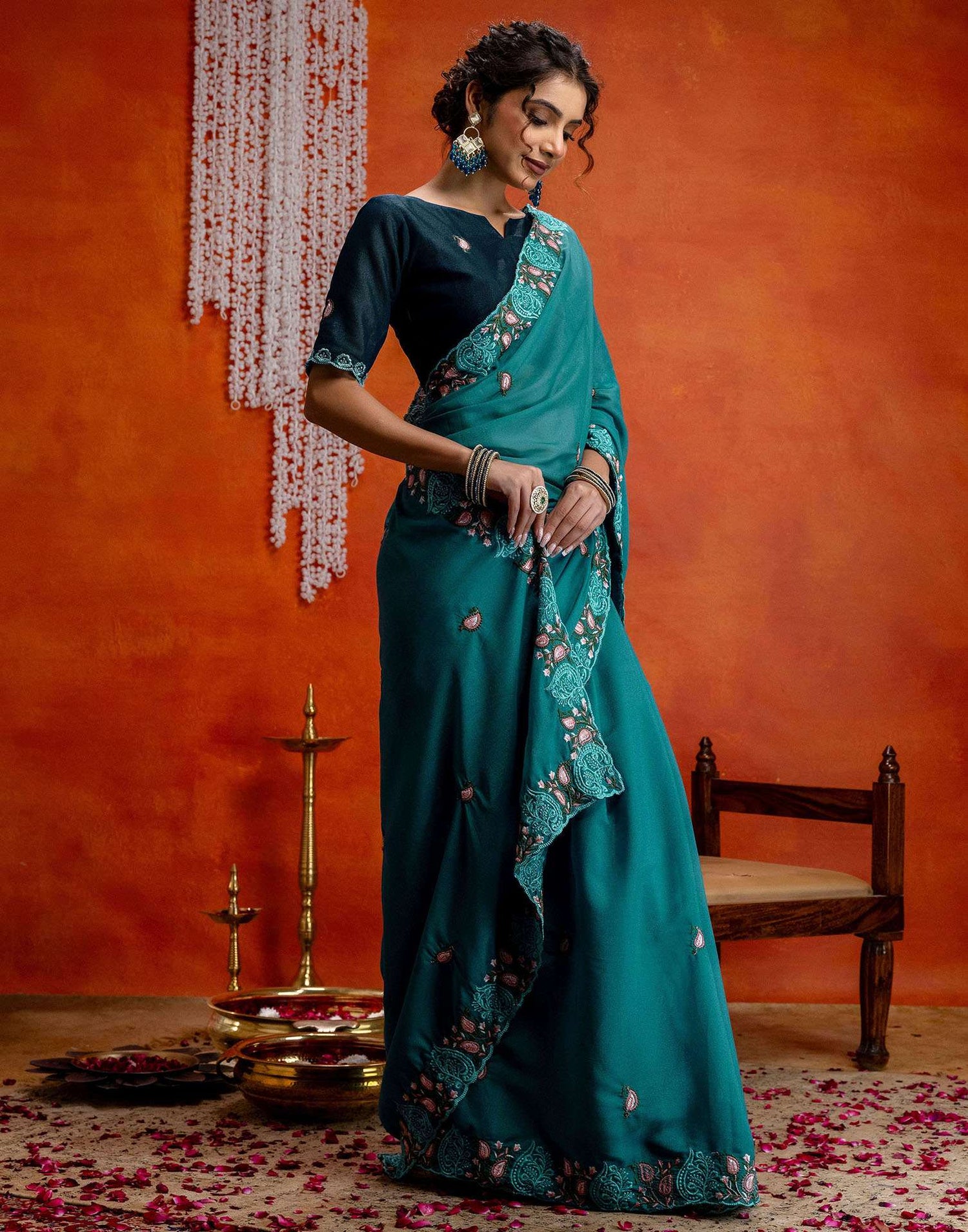 Teal Blue Shimmer Embroidery Saree