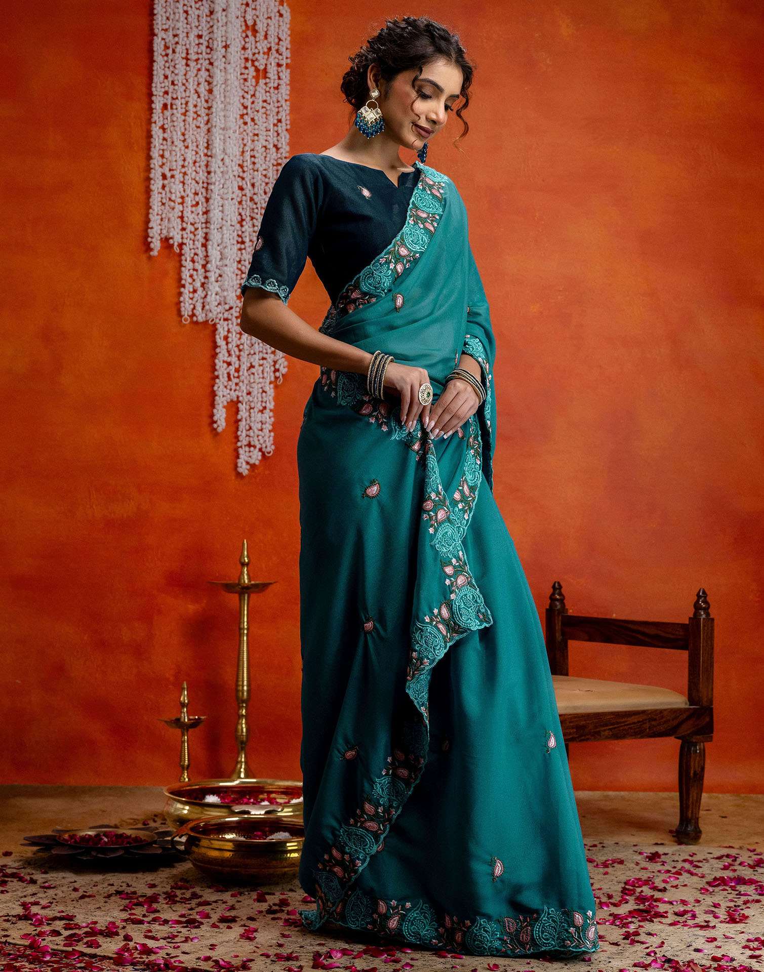 Teal Blue Shimmer Embroidery Saree