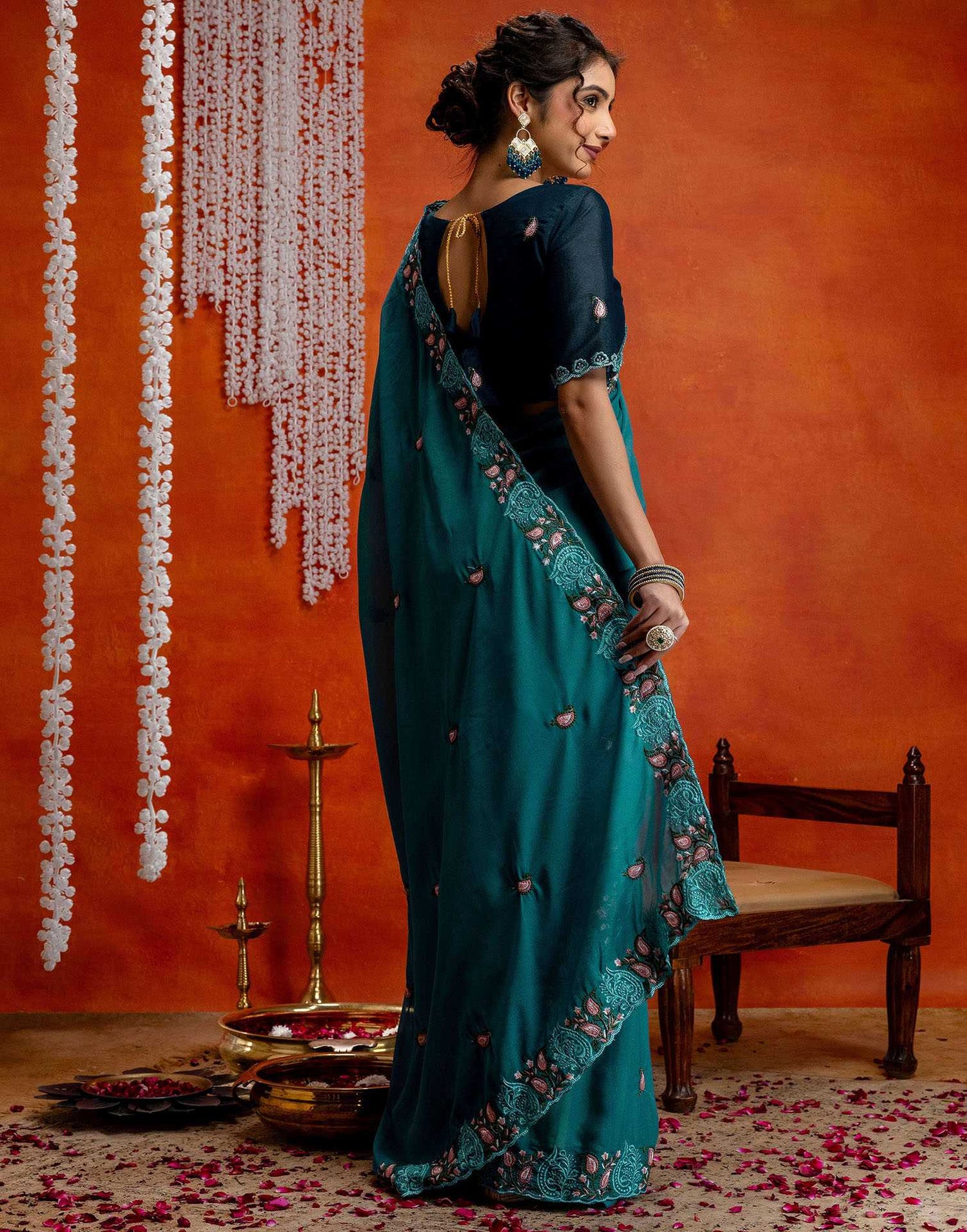 Teal Blue Shimmer Embroidery Saree