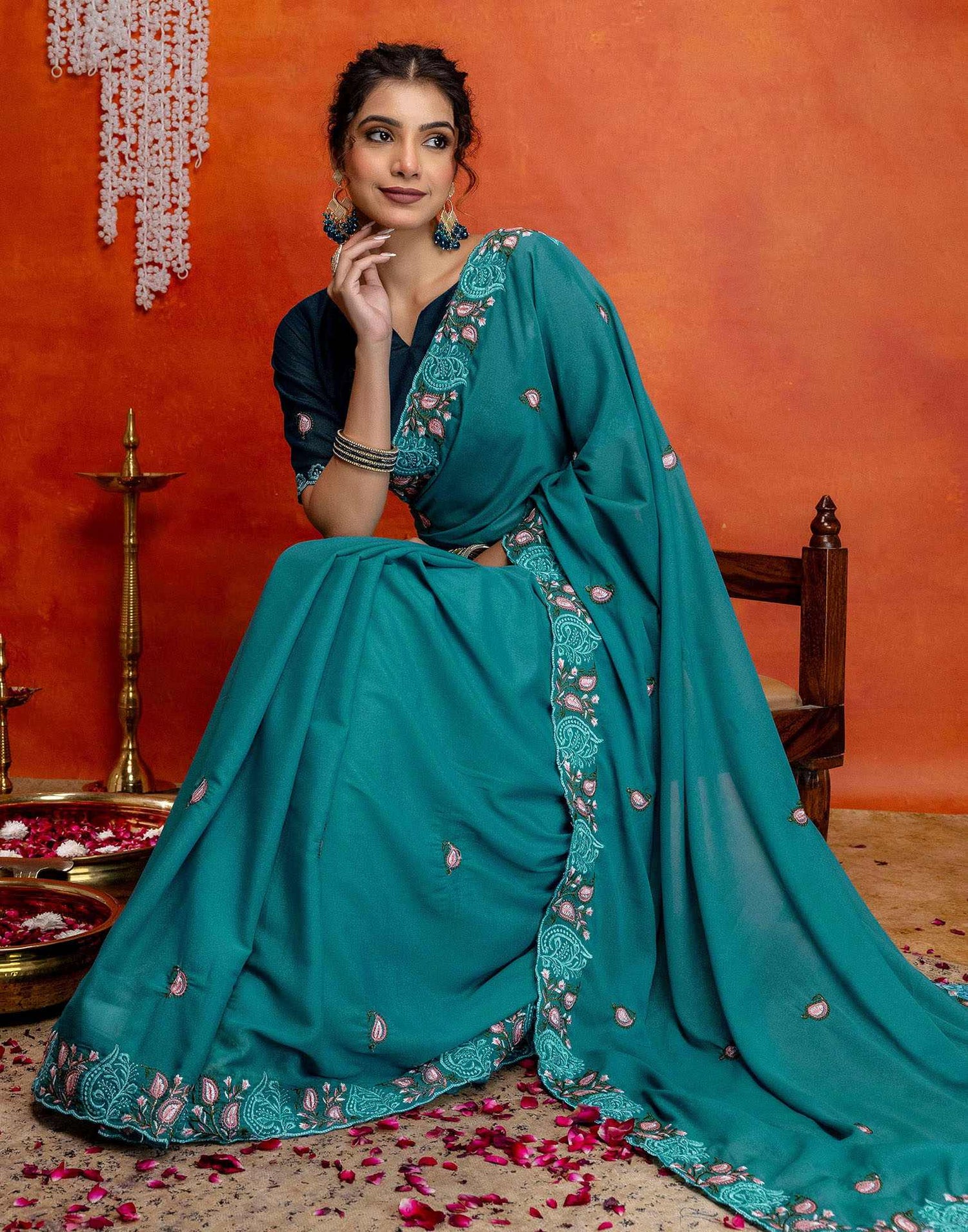 Teal Blue Shimmer Embroidery Saree